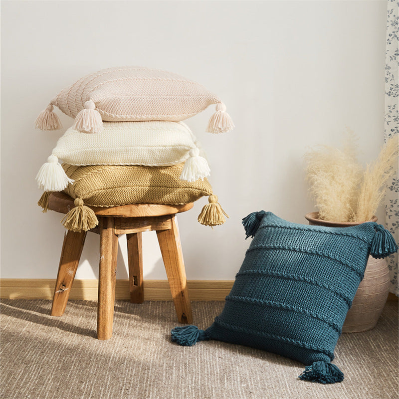 Zoholife Ins knitted Tassel Pillow Set B&B sofa Cushion Backrest Lumbar Pillow Bay window Bed Cushion 17"x 17"